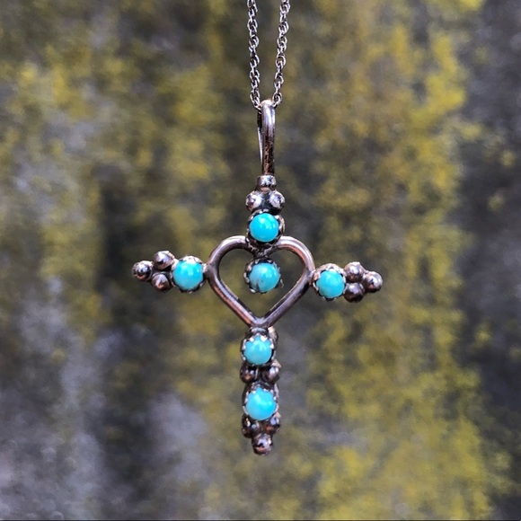 Vintage Red Coral / Turquoise Cross Necklace - Picture 1 of 8